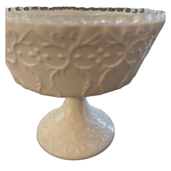 Fenton Milk Glass Compote Spanish Lace Silver Crest Pedestal Vintage 6" x 6.5" - Picture 10 of 12